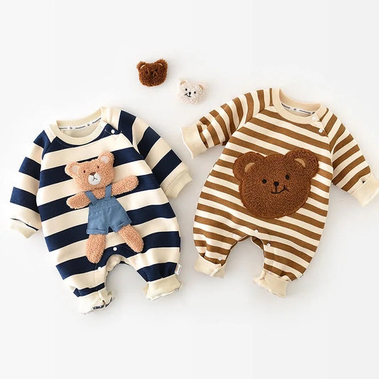 BABY STRIPED BEAR FLEECE LINED ROMPER