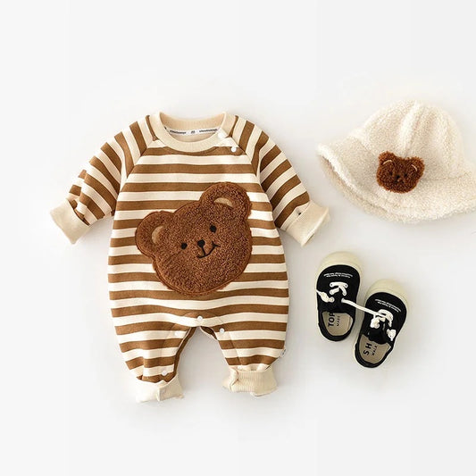 BABY STRIPED BEAR FLEECE LINED ROMPER