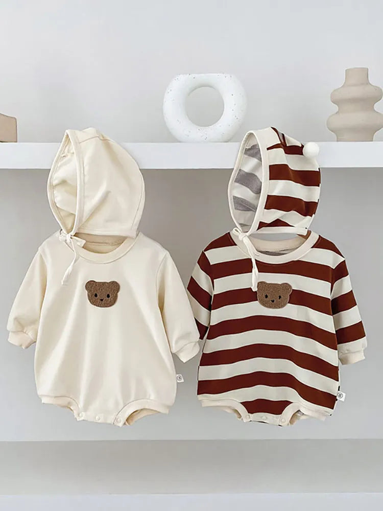 Baby Striped Side Bear Bodysuit with Bonnet